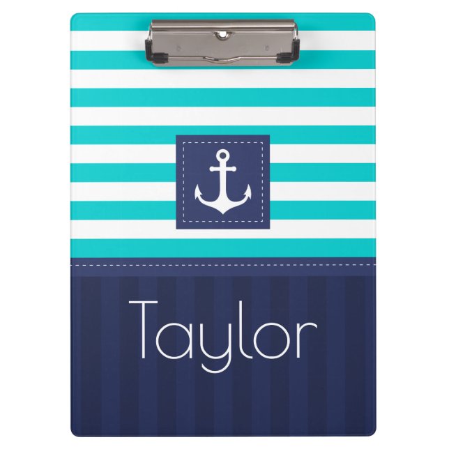Modern Aqua Navy Stripes Anchor Personalized Clipboard (Front)