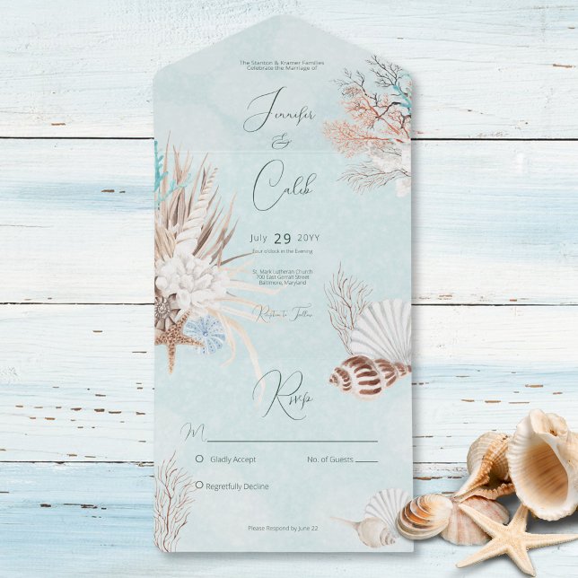 Modern Aqua Ocean & Shells No Dinner All In One Invitation (Also available with a QR code or with dinner selection options.)