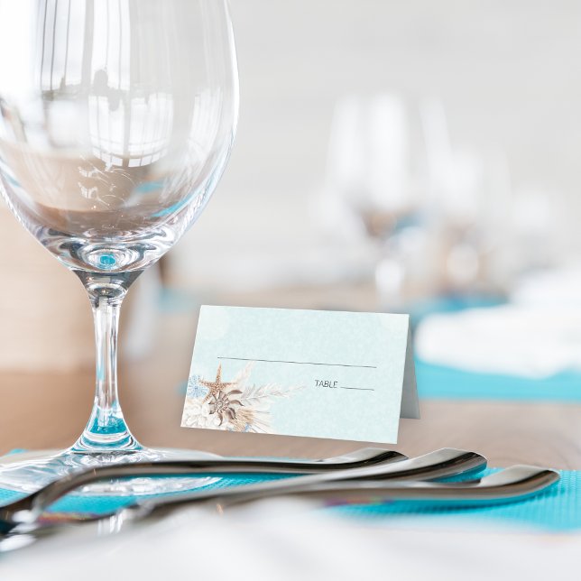 Modern Aqua Ocean & Shells Wedding Place Card (Modern Aqua Ocean & Seashells Folded Place Card)
