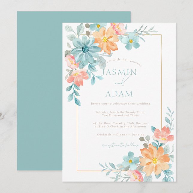 Modern Aqua Peach Watercolor Floral Wedding Invitation (Front/Back)