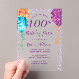 Modern Aqua Purple Balloons 100th Birthday Party Acrylic Invitations