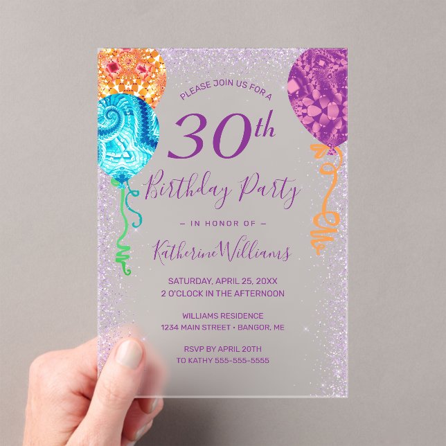 Modern Aqua Purple Balloons 30th Birthday Party Acrylic Invitations (Insitu (Handheld))