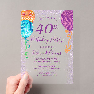Modern Aqua Purple Balloons 40th Birthday Party Acrylic Invitations