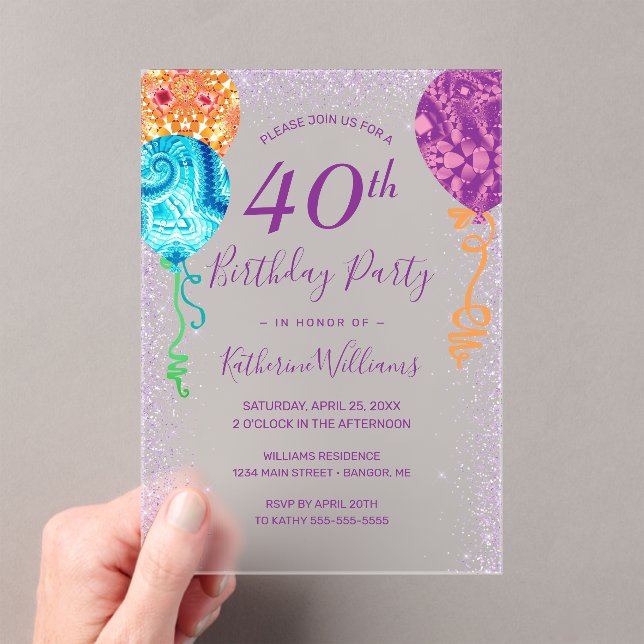 Modern Aqua Purple Balloons 40th Birthday Party Acrylic Invitations (Insitu (Handheld))