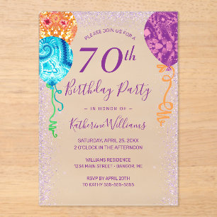 Modern Aqua Purple Balloons 70th Birthday Party Acrylic Invitations
