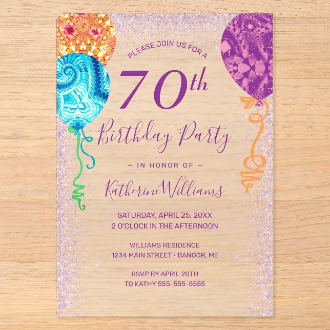 Modern Aqua Purple Balloons 70th Birthday Party Acrylic Invitations (Front)