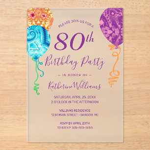 Modern Aqua Purple Balloons 80th Birthday Party Acrylic Invitations