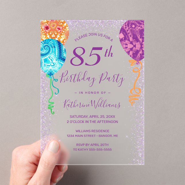 Modern Aqua Purple Balloons 85th Birthday Party Acrylic Invitations (Insitu (Handheld))