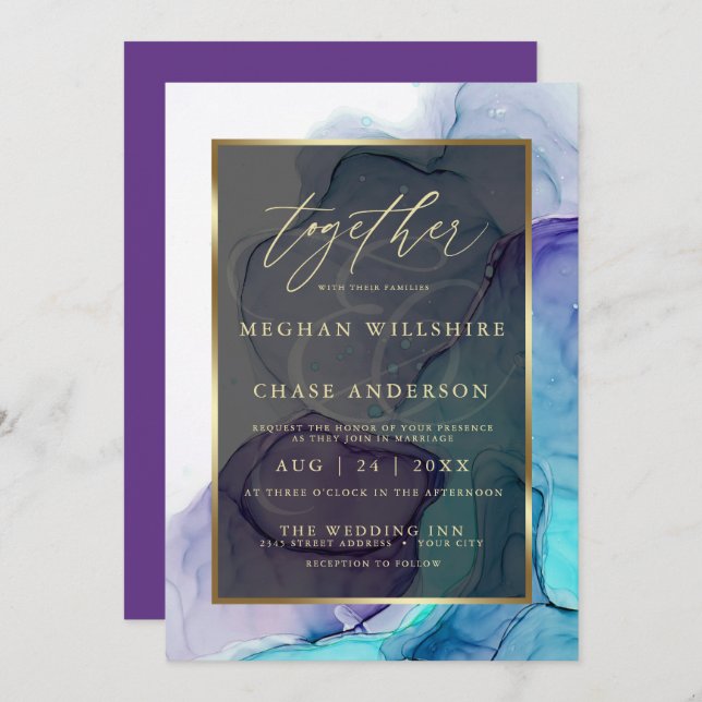 Modern Aqua Teal Deep Purple Alcohol Ink Invitation (Front/Back)