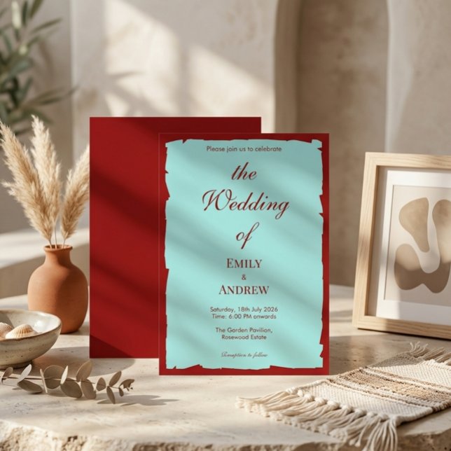 Modern Aqua Teal & Deep Red Wedding Invitation (Creator Uploaded)