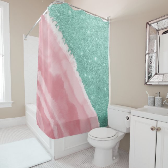Modern Aqua Teal Pink Glitter Watercolor Beach (In Situ)