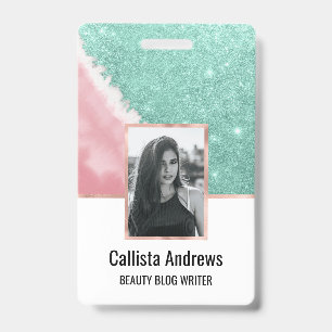 Modern Aqua Teal Pink Glitter Watercolor Beach Badge