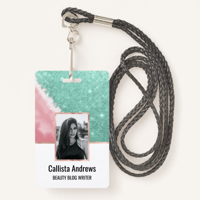 Modern Aqua Teal Pink Glitter Watercolor Beach Badge (Front with Lanyard)