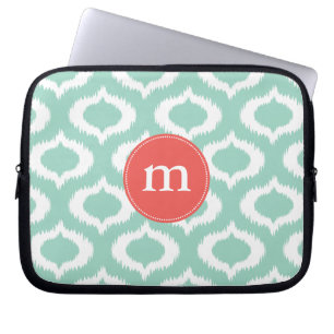 Modern Aqua Turquoise Ikat Diamonds Personalized Laptop Sleeve