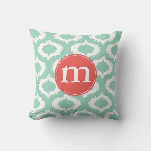Modern Aqua Turquoise Ikat Diamonds Personalized Throw Pillow (Front)