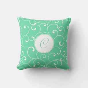 Modern Aqua Whimsical Curls with Monogram Throw Pillow