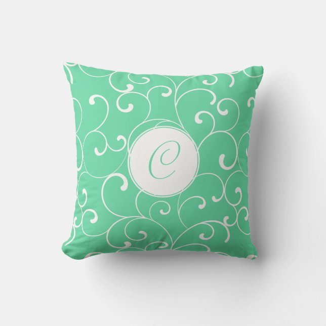 Modern Aqua Whimsical Curls with Monogram Throw Pillow (Front)