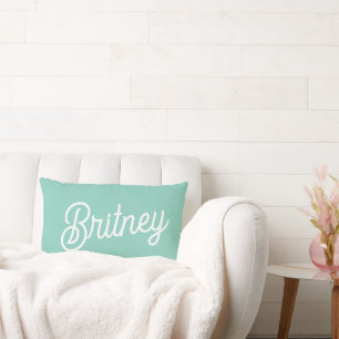 Modern Aqua White Monogram and Name  Lumbar Pillow