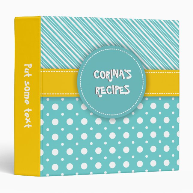 Modern aqua, white, yellow polka dot & stripes binder (Front/Spine)