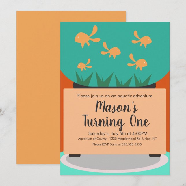 Modern Aquarium Gold Fish Tank Birthday Invitation (Front/Back)
