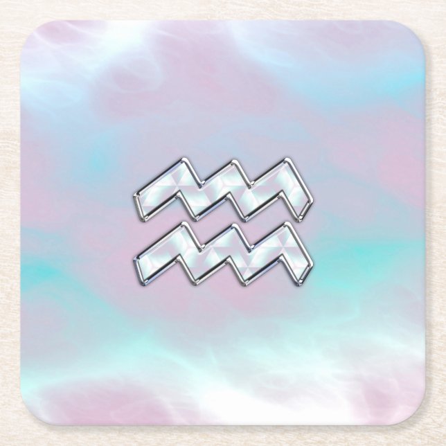 Modern Aquarius Sign on Mother of Pearl Style Square Paper Coaster (Front)