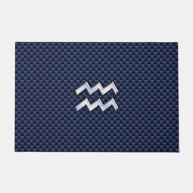 Modern Aquarius Sign on navy blue carbon fibre Doormat (Front)