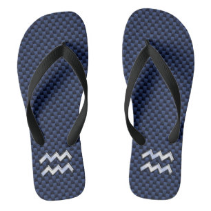 Modern Aquarius Sign on navy blue carbon fibre Flip Flops