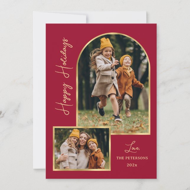 Modern Arch 3 Photo Burgundy Happy Holiday Card  (Front)