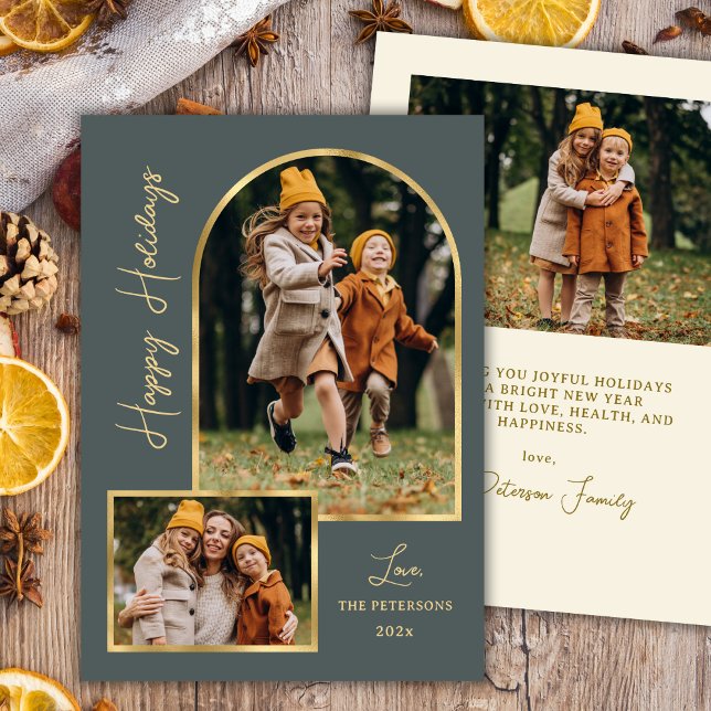 Modern Arch 3 Photo Green Happy Holiday Card  (Creator Uploaded)