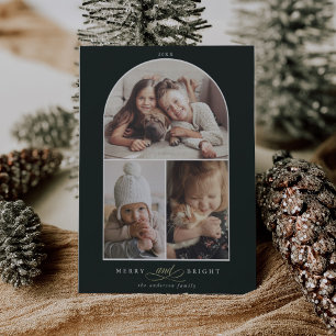 Modern Arch 3 Photo Merry & Bright Green Holiday Card