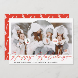 modern arch 3 photos red script happy holiday card