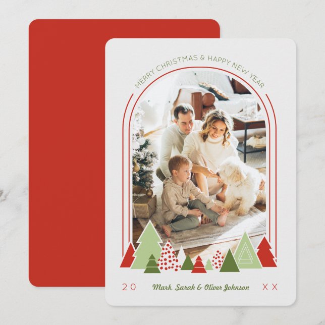 Modern Arch and Colourful Tree Photo Christmas Car Invitation (Front/Back)