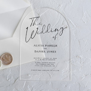 Modern arch black calligraphy script wedding acrylic invitations