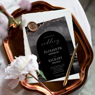 Modern Arch Black Rose Gold Agate Wedding Invitation