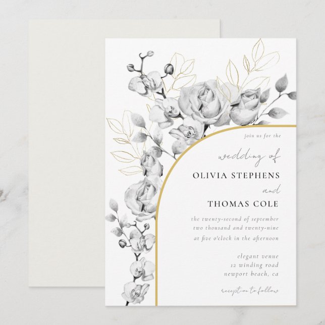 Modern Arch Black White Gold Floral Wreath Wedding Invitation (Front/Back)