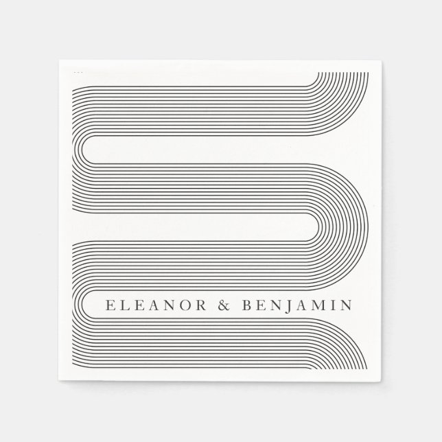 Modern Arch Black White Lines Elegant Wedding Name Napkin (Front)