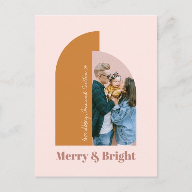 Modern Arch Blush Dusty Pink Merry Bright Photo Holiday Postcard (Front)