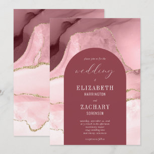 Modern Arch Blush Pink Gold Agate Wedding Invitation