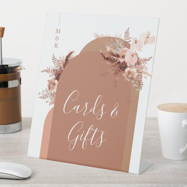 Modern Arch Boho Pampas Terracotta Card and Gifts  Pedestal Sign (In SItu)