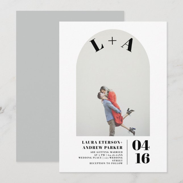 Modern arch bold minimalist initials photo wedding invitation (Front/Back)