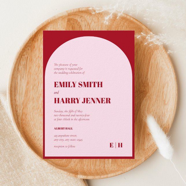 Modern Arch Bold Typography Pink and Red Wedding Invitation (Creator Uploaded)