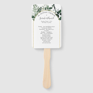 Modern arch botanic greenery wedding program hand fan