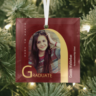 Modern Arch Burgundy Photo Graduation Glass Ornament