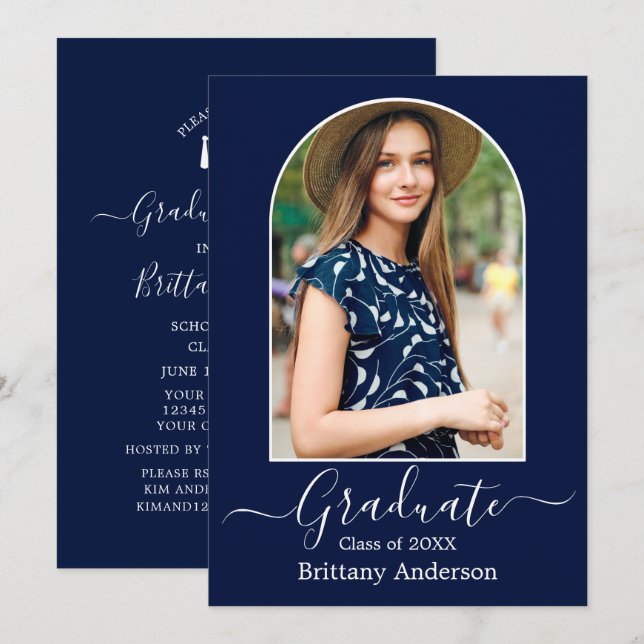 Modern Arch Calligraphy Blue Graduation Party Invitation (Front/Back)
