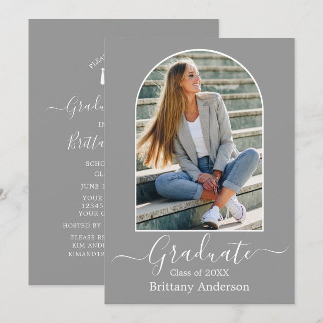 Modern Arch Calligraphy Grey Graduation Party Invitation (Front/Back)