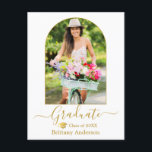 Modern Arch Calligraphy Photo Gold Cap Graduation Postcard<br><div class="desc">Modern Arch Photo Frame - Trendy Calligraphy Script  - Photo Graduation Announcement Postcard - White Background with Gold Text - Gold Graduation Cap</div>