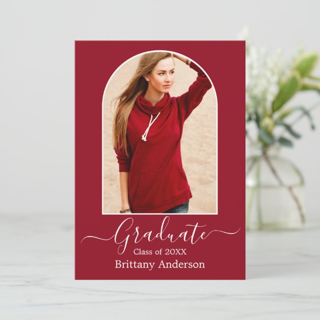 Modern Arch Calligraphy Photo Red Graduation Announcement (Standing Front)