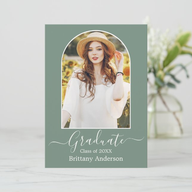 Modern Arch Calligraphy Sage Green Graduation Announcement (Standing Front)