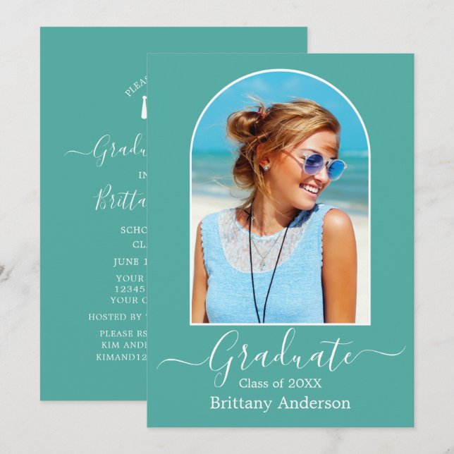 Modern Arch Calligraphy Teal Graduation Party Invitation (Front/Back)