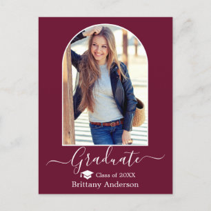Modern Arch Cap Calligraphy Burgundy Graduation Postcard